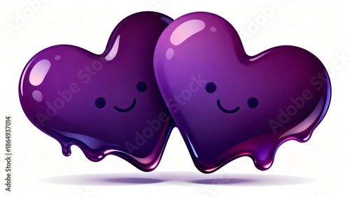Two adorable purple hearts with smiley faces melting together in a sweet embrace. 