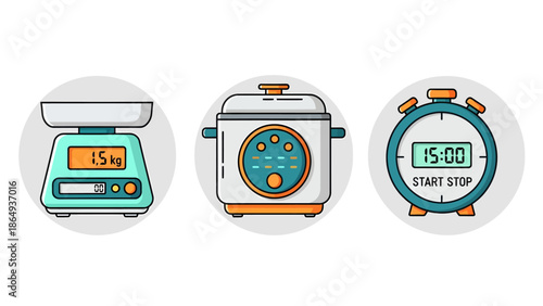 Digital Kitchen Appliances Icon Set, Electronic Scale, Modern Multicooker, and Cooking Timer Vector Illustration