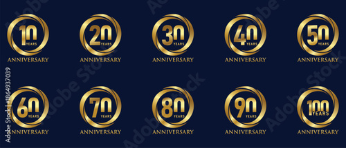 Collection of Anniversary luxury gold celebration with Gold Circle Curve logo vector design concept. 10 Years anniversary gold logo template for celebration event, business company, invitation, greeti