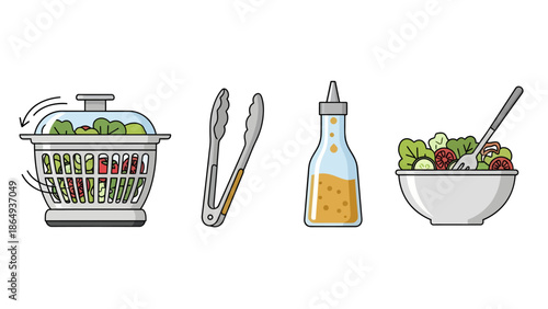 Salad Preparation Tool Set Icons: Salad Spinner, Kitchen Tongs, Dressing Bottle, and Fresh Salad Bowl