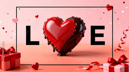 Romantic 'love' display featuring a glossy red chocolate heart, gifts, and confetti on a soft pink surface.