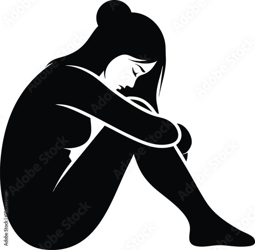 Woman Sitting on Floor with Head Down.