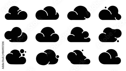 Cloud Icon Set Vector: 12 Black Solid Cloud Silhouettes for Weather, Computing, Storage, and Data Technology UI/UX Design
