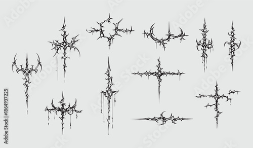 Gothic Cyber Sigilism & Neo-Tribal Tattoo Collection: Futuristic Occult Linework, Cyberpunk Geometry, Dark Aesthetic Symbols for Streetwear Design, Edgy T-Shirt Typography & Vector Clothing Patterns