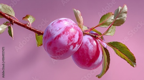 Delicate pink background highlights plums, Shiny ripe plums with soft pink backdrop and leaves