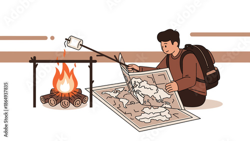 Wanderer Studies A World Map By Campfire While Toasting A Marshmallow
