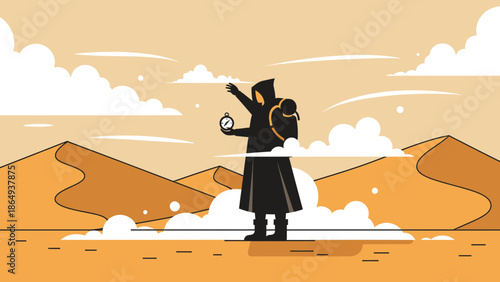 Wandering Through Desert Sands, Seeking Direction And Lost Routes With Trusty Compass