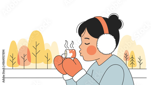 Warm Winter Beverage Enjoyed By Girl In Snowy Countryside Illustration