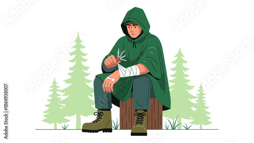 Trekking First Aid: Man Treating Arm Wound in Wilderness after Accident