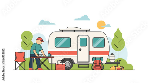 Weekend Camping Adventure Enjoying Nature With Caravan And Outdoor Living Scene
