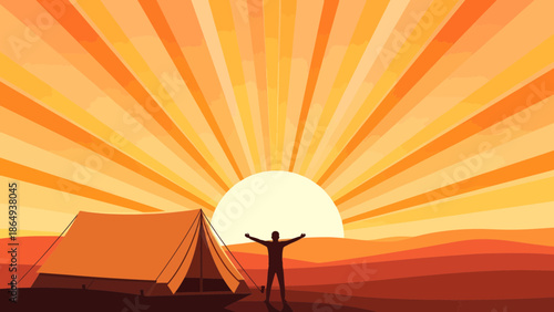 Triumph At Dawn: Silhouette Of Hiker Reaching Nature Goal And Campsite At Sunrise