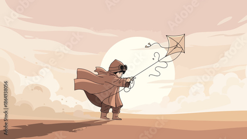 Whimsical Adventure Of Childhood A Boy Flying Kite In Steampunk Style Outfit