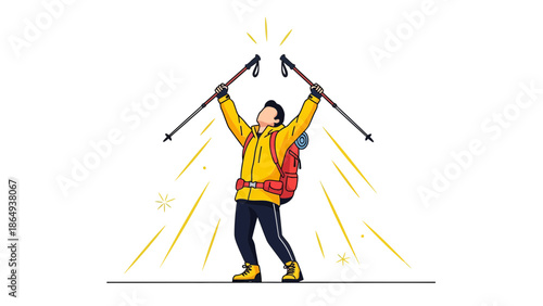 Triumph Of A Hiker Achieving Victory Trekking Mountain With Trekking Poles