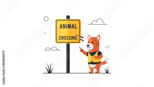 Whimsical Animal Crossing Sign Featuring Cartoonish Fox Illustration Guidance