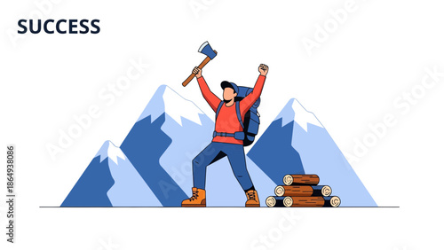 Triumphant Hiker Celebrates With Axe After Mountain Adventure Destination Reached