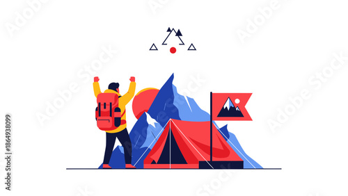 Triumphant Hiker Reaching Mountain Peak Beside Tent And Flag Illustration