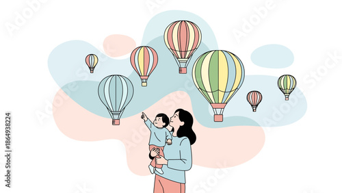 Whimsical Journey Mother And Child Gazing At Colorful Hot Air Balloons