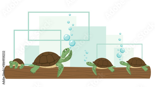 Turtle Family On A Log With Bubbles Underwater In A Glass Aquarium
