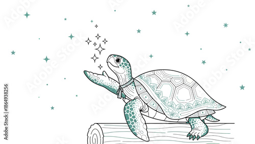 Turtle Reaching For Stars On Wood Cute Hand Drawn Style Isolated