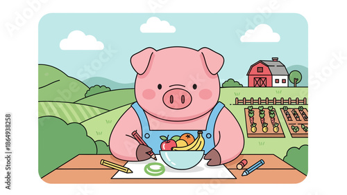 Whimsical Piglet Farmer Drawing Fruit Still Life Farm Landscape Illustration