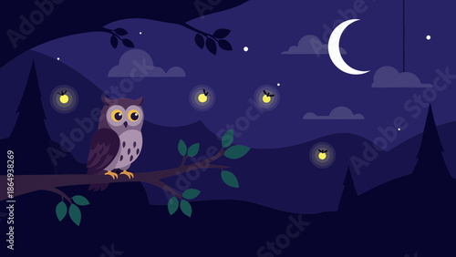 Whimsical Nighttime Scene Owl Perched On Branch With Fireflies And Moon