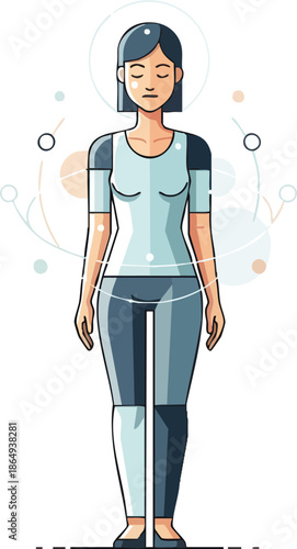 Woman with robotic exoskeleton device illustration.