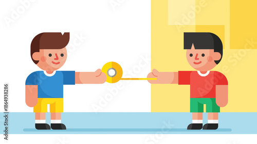 Two Boys Playing Tug Of War With A Golden Tape Having A Fun Time