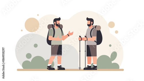 Two Bearded Hikers Discussing Routes During Their Outdoor Adventure