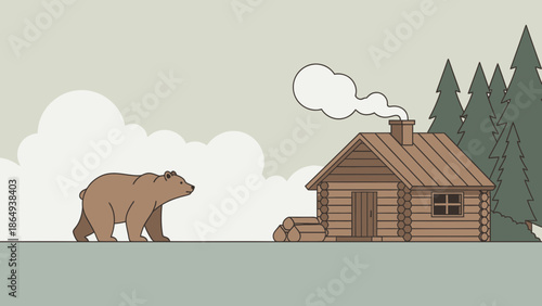 Wilderness Encounter Brown Bear Approaching Log Cabin Vector Art Illustration