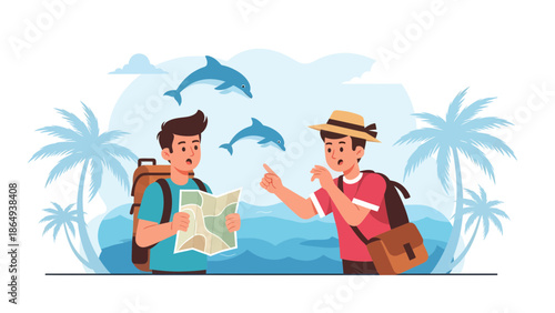 Two Tourists Lost on a Tropical Island Wondering Where to Go Next
