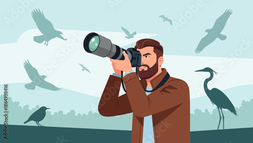 Wildlife Photographer Capturing Birds In Flight During A Nature Adventure Outdoors