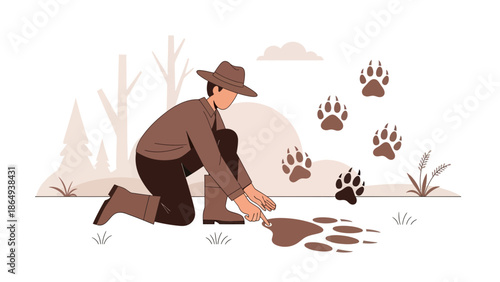 Wildlife Tracker Examining Animal Footprints In Wilderness Scene Illustration