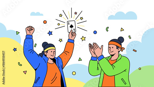 Winning Card Game Illustration With Cheerful People Celebrating An Ace Success