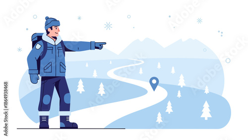 Winter Adventure: A Hiker Navigating Through a Snowy Landscape with a Backpack