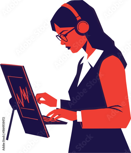 Woman Working on Digital Tablet with Headphones.