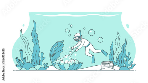 Underwater Diver Collecting Pearls From An Open Clamshell In The Ocean