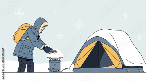 Winter Camping: Preparing Hot Drinks In Snowfield For Solo Adventure Seekers