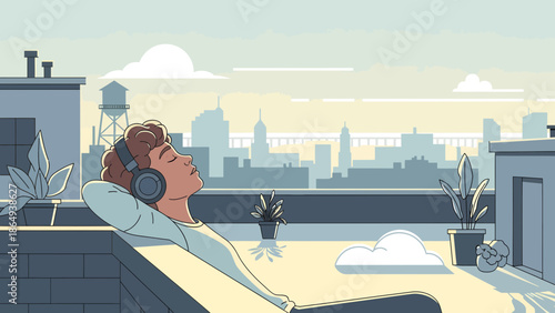 Urban Serenity Person Listening To Music On A Rooftop With A Cityscape View