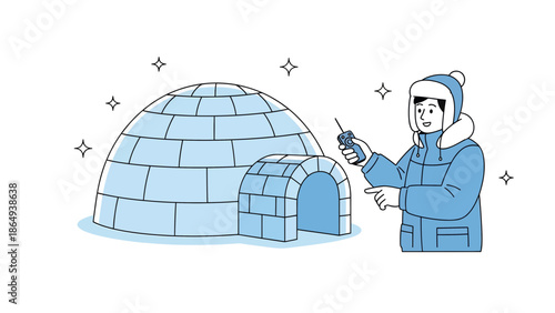 Winter Construction Man In Snowy Weather Next To Igloo House Using Walkie Talkie