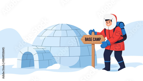Winter Expedition Adventure At Base Camp With Snow Covered Igloo