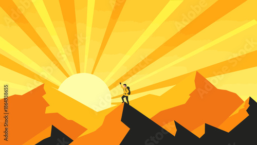 Vector Illustration Man Reaching Mountain Top Celebrating Success Adventure