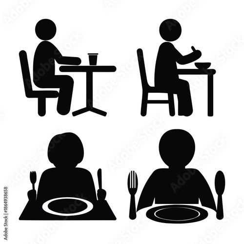 Set of black silhouette icons depicting individuals engaging in dining activities
