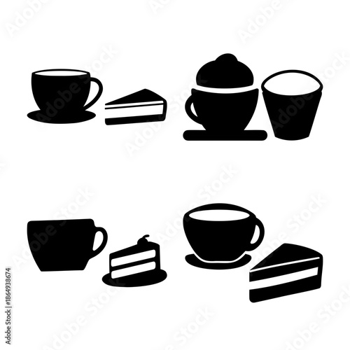A collection of diverse coffee, tea cups and cake slices in minimalist black silhouette icon style