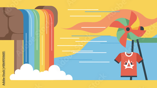 Vibrant Landscape Featuring Rainbow Waterfall Pinwheel and Joyful T Shirt