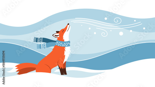 Winter Fox Enjoying The Fresh Air With Scarf In A Minimalist Snow Landscape