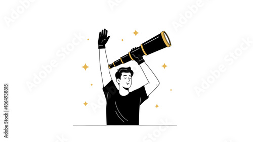 Visionary Man Holding Telescope To Future Discoveries And Exploration Adventures