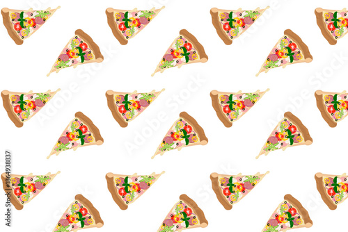 Seamless pattern with appetizing pizza slices featuring various toppings on a white background. Colorful fast food illustration for cafe decor, packaging, and fabric.