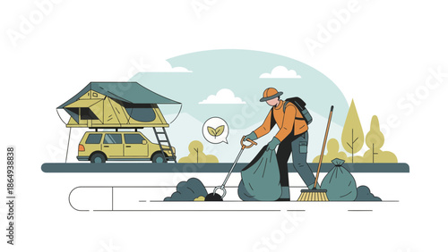 Volunteer Collecting Garbage Near A Car With Tent On The Roof Illustration