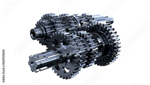 Mechanical gear system, steel transmission gears assembly on white background, 3 D rendering
