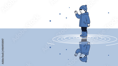 Winter Reflection A Young Child Gazes Upon Their Mirror Image With Snowfall